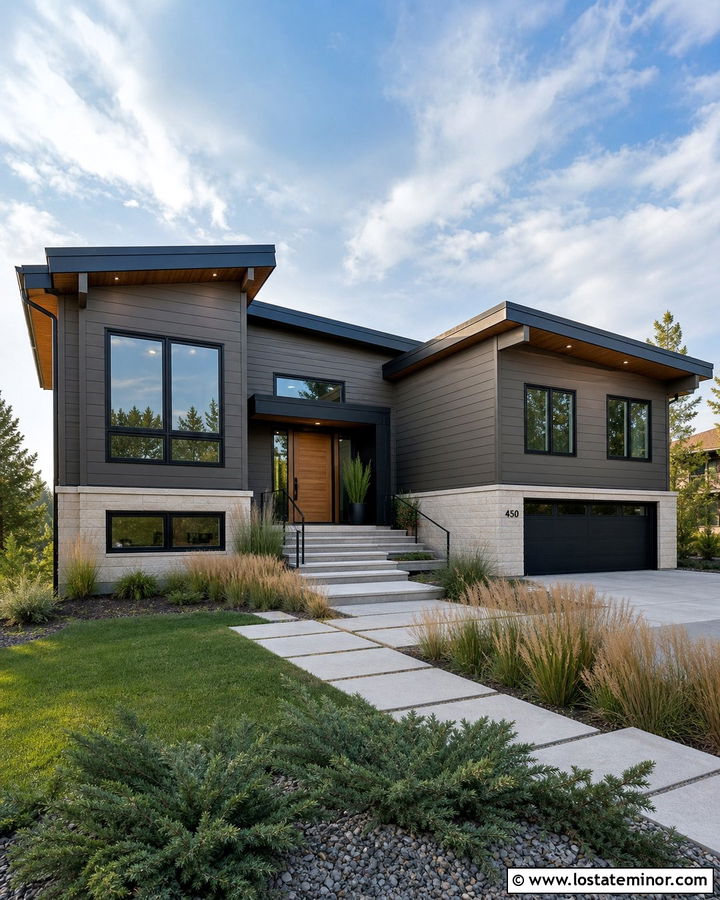 Dark Greige House With Cedar Entry Door - 30 Greige House Design With Entry Door Ideas