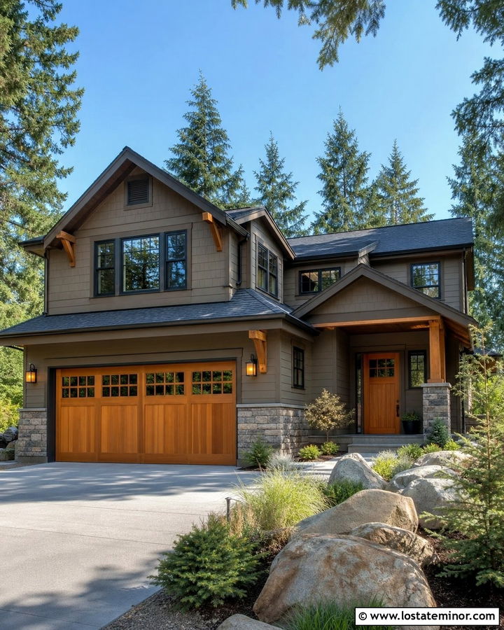 Dark Greige House With Cedar Garage Door - 30 Greige House Design With Garage Door Ideas