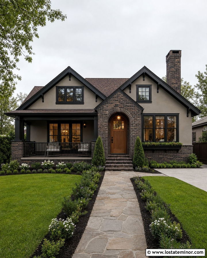 Dark Greige House With Clinker Brick - 30 Greige House Design With Brick Accents Ideas