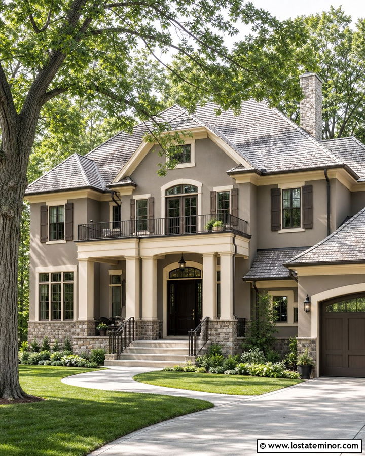 Dark Greige House With Cream Columns - 30 Greige House Design With Porch Columns Ideas