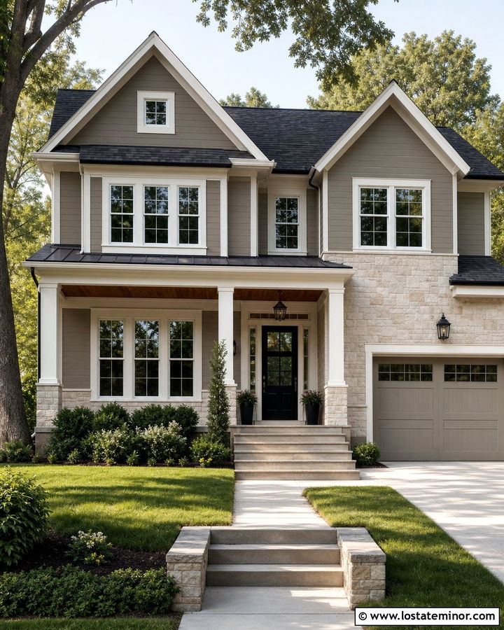 Dark Greige House With Cream Stone Wainscoting - 30 Greige House Design With Wainscoting Ideas