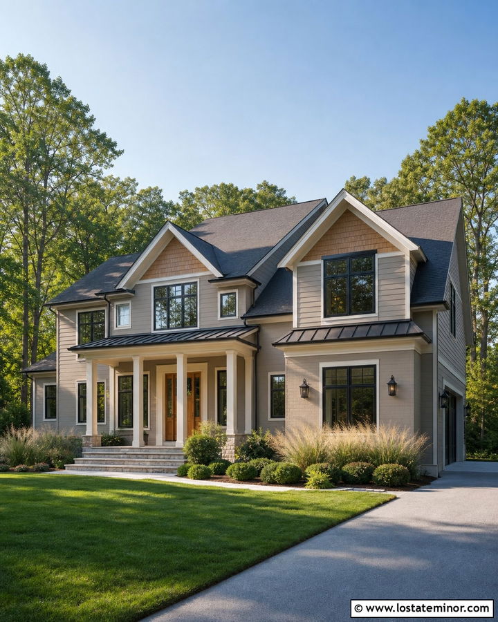 Dark Greige House With Golden Cedar Shake Accents - 30 Greige House Design With Cedar Shake Ideas