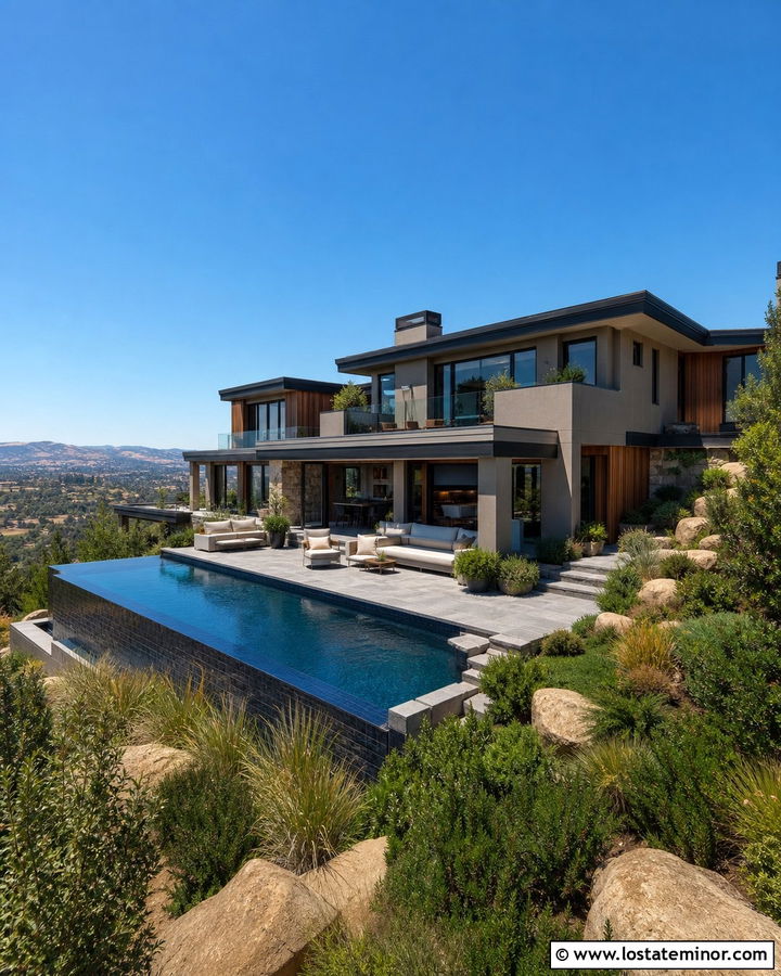 Dark Greige House With Infinity Pool - 30 Greige House Design With Swimming Pool Ideas