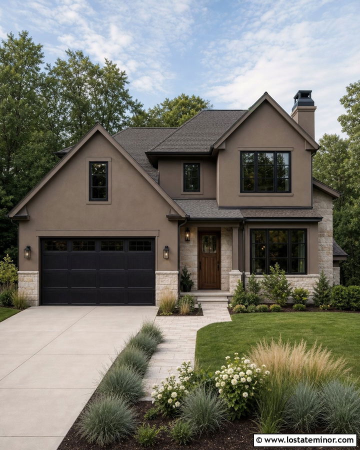 Dark Greige House With Light Concrete Driveway - 30 Greige House Design With Driveway Ideas