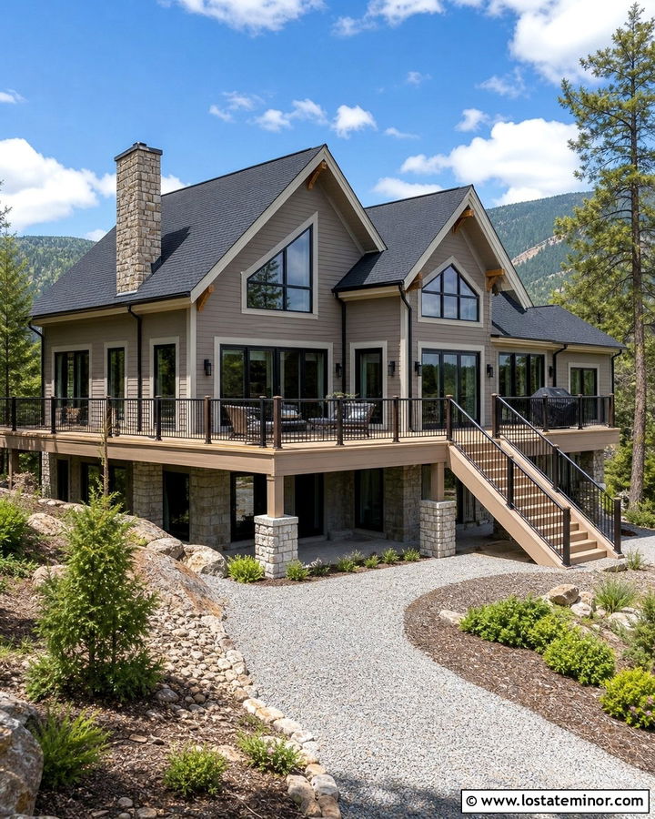 Dark Greige House With Light Oak Deck - 30 Greige House Design With Deck Ideas