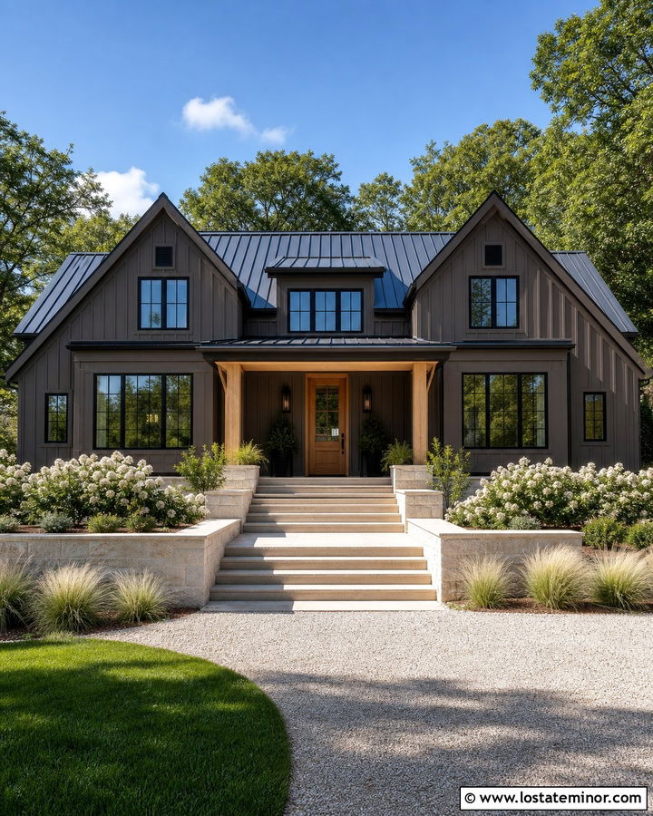Dark Greige House With Light Stone Steps - 30 Greige House Design With Steps Ideas