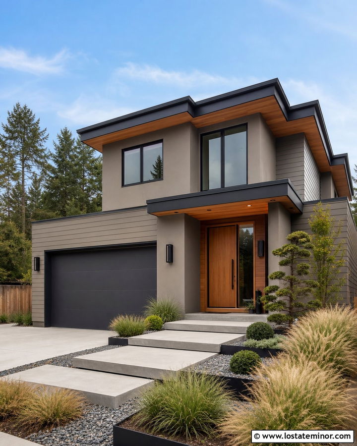 Dark Greige House With Modern Front Yard - 30 Greige House Design With Front Yard Ideas