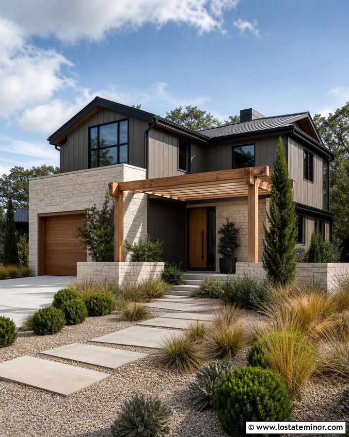 Dark Greige House With Natural Oak Pergola - 30 Greige House Design With Pergola Ideas