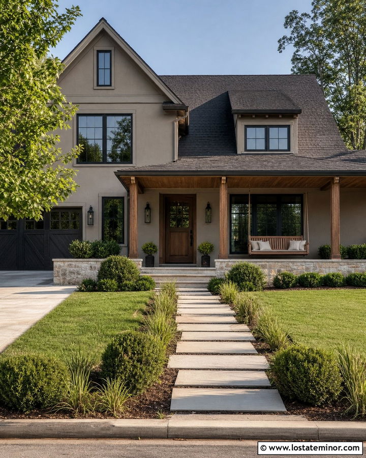 Dark Greige House With Natural Wood Swing - 30 Greige House Design With Swing Ideas