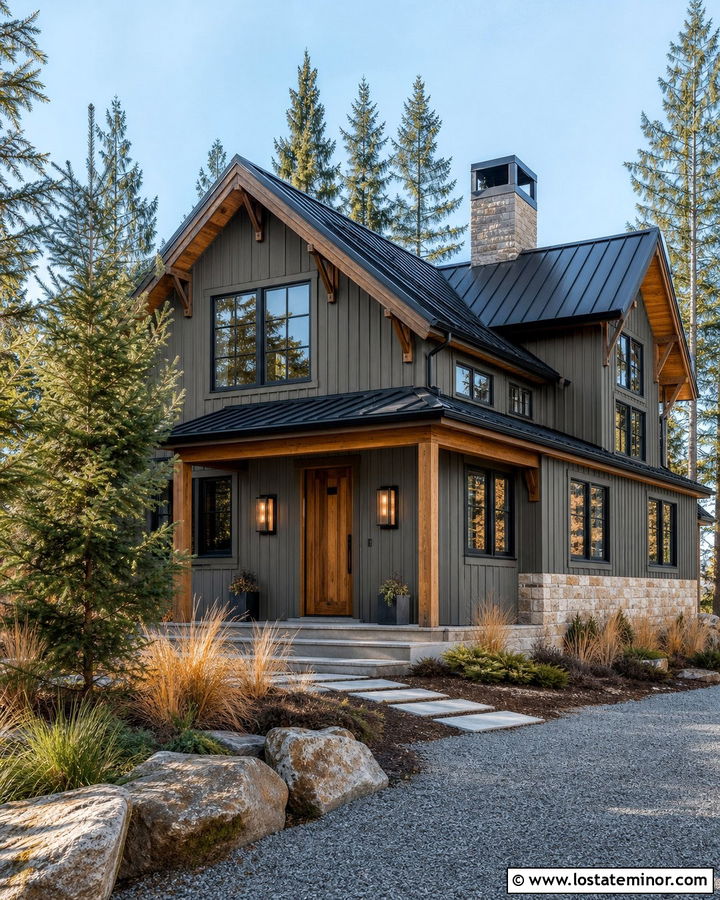 Dark Greige House With Warm Wood Lights - 30 Greige House Design With Light Fixtures Ideas