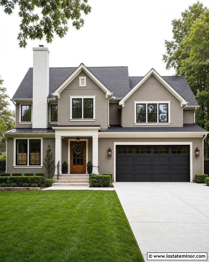 Dark Greige House With White Brick Chimney - 30 Greige House Design With Chimney Ideas