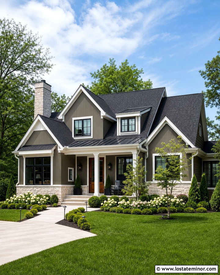 Dark Greige House With White Dormers - 30 Greige House Design With Dormers Ideas