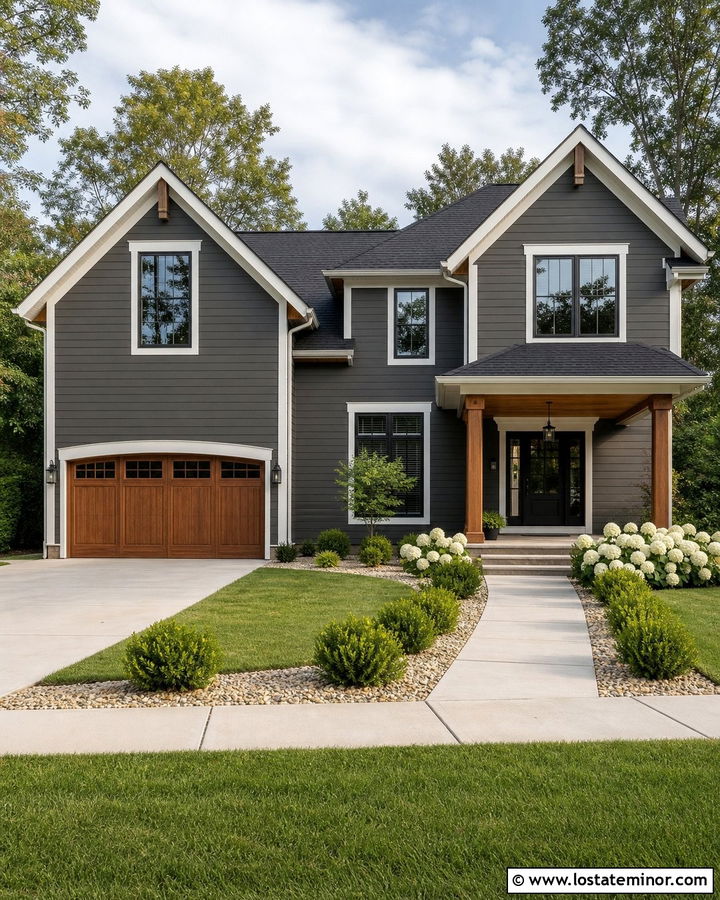 Dark Greige House With White Flowering Shrubs - 30 Greige House Design With Landscaping Ideas