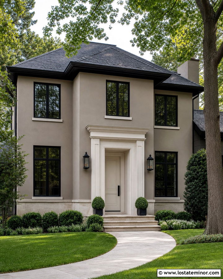 Dark Greige House With White Front Door - 30 Greige House Design With Front Door Ideas