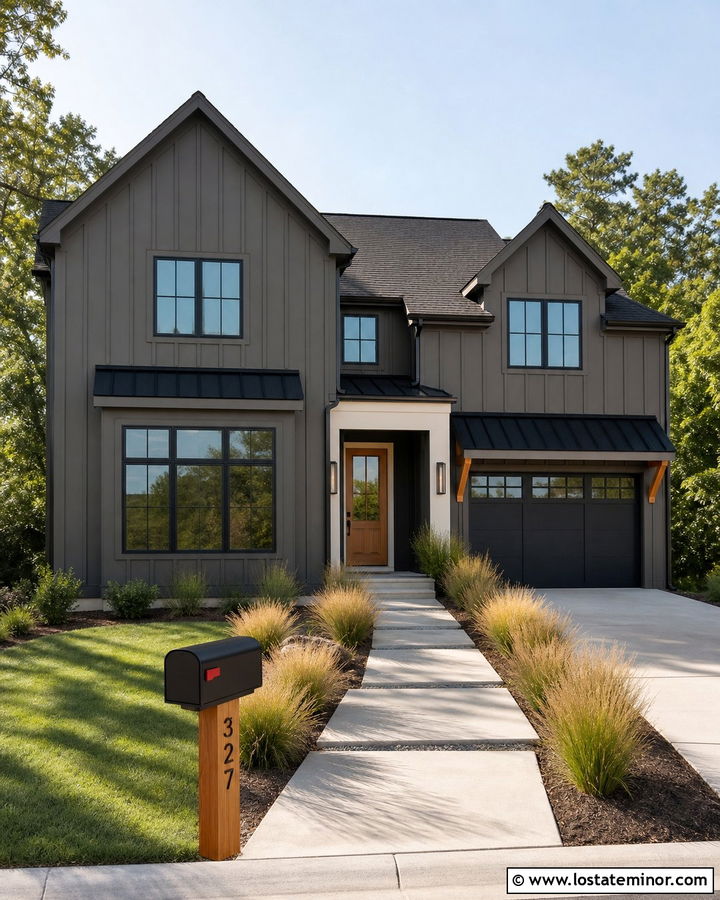 Dark Greige House With Wood Mailbox - 30 Greige House Design With Mailbox Ideas
