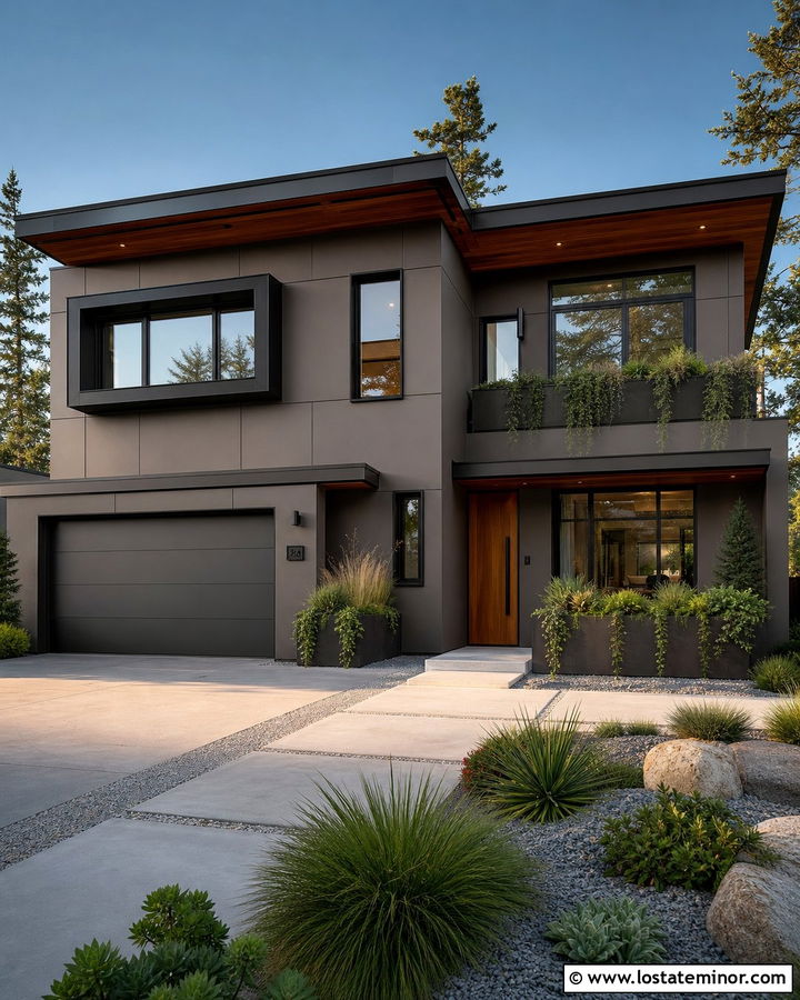 Dark Greige Modern House With Metal Window Boxes - 30 Greige House Design With Window Boxes Ideas
