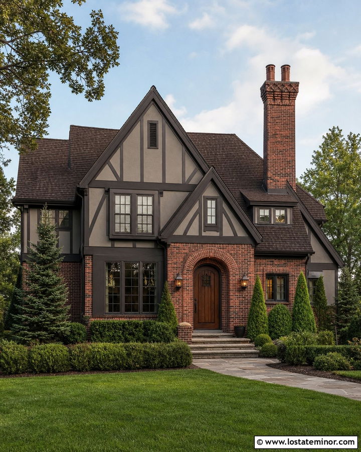 Dark Greige Tudor With Red Brick - 30 Greige House Design With Brick Accents Ideas