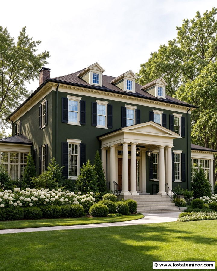 Dark Moss Green House With Cream Portico - 30 Moss Green House Design With Portico Ideas