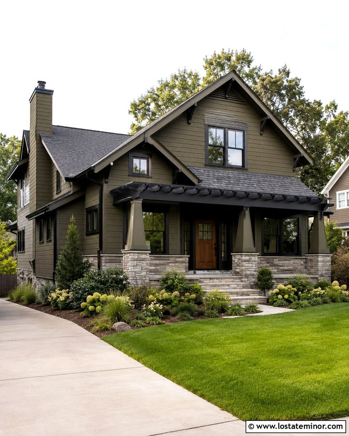 Dark Olive Craftsman With Black Pergola - 30 Olive Green House Design With Pergola Ideas
