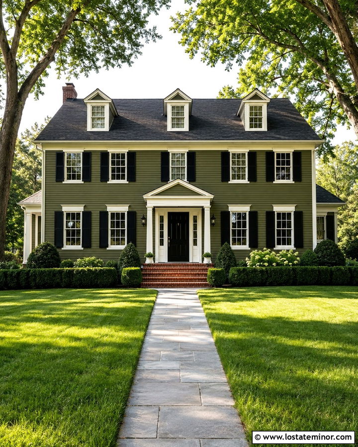 Dark Olive Green Colonial With Black Shutters - 30 Olive Green House Design With Dormers Ideas