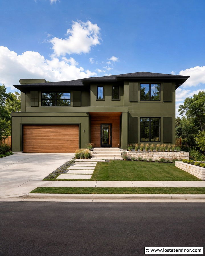 Dark Olive Green Contemporary House With Matching Shutters - 30 Olive Green House Design With Shutters Ideas