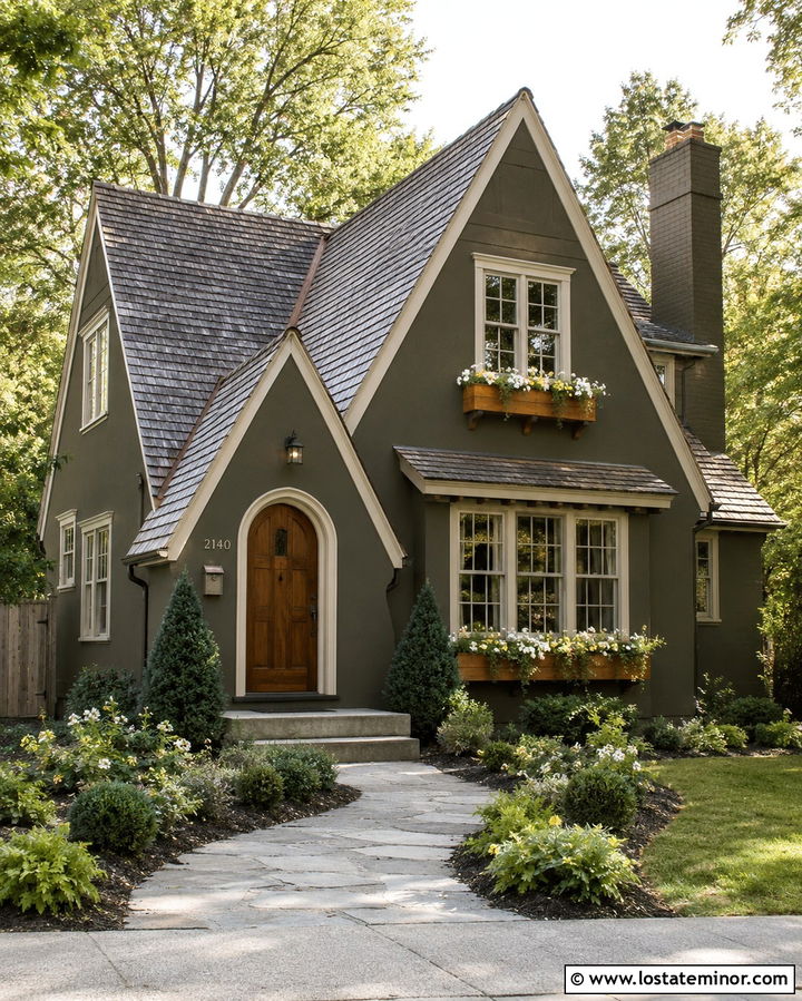 Dark Olive Green Cottage With Cedar Window Boxes - 30 Olive Green House Design With Window Boxes Ideas