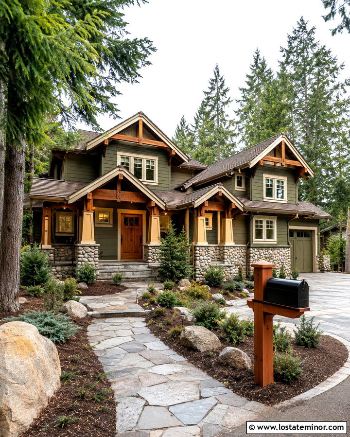 Dark Olive Green Craftsman With Cedar Mailbox - 30 Olive Green House Design With Mailbox Ideas