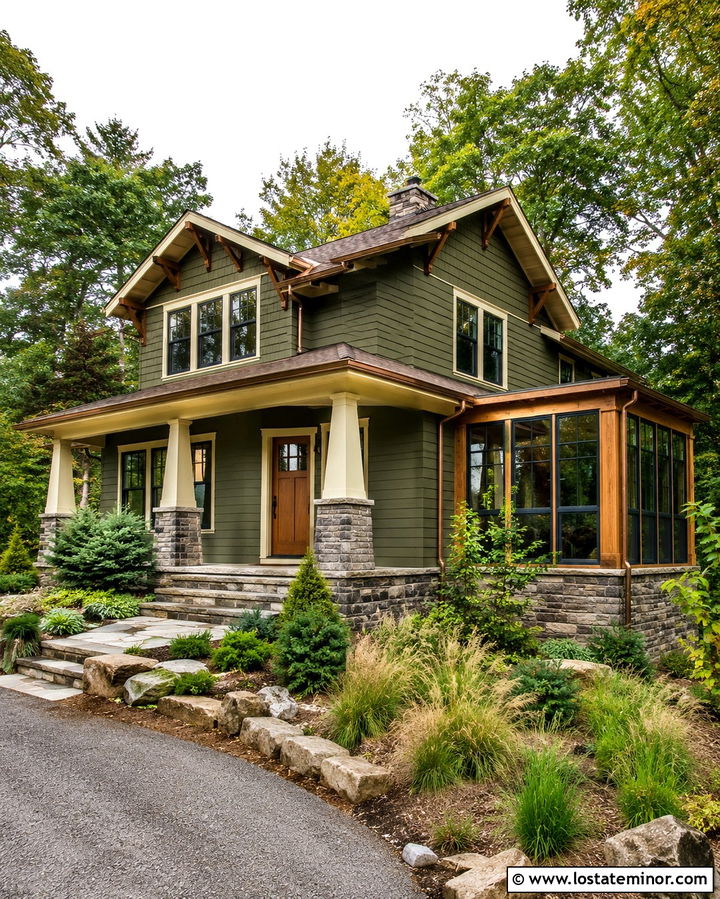 Dark Olive Green Craftsman With Cedar Sunroom - 30 Olive Green House Design With Sunroom Ideas