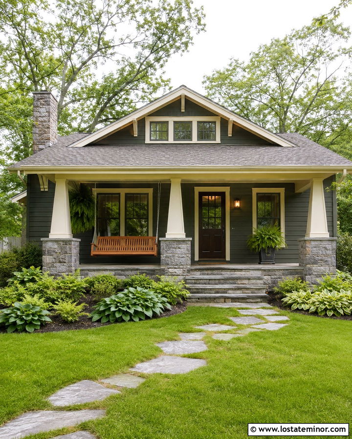 Dark Olive Green Craftsman With Cedar Swing - 30 Olive Green House Design With Swing Ideas
