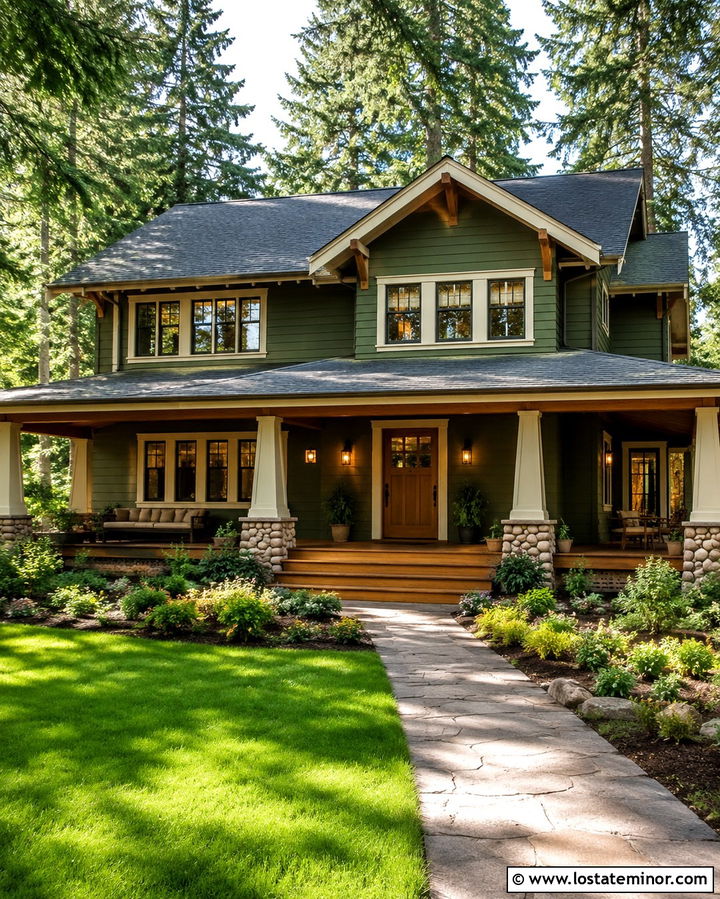 Dark Olive Green Craftsman With Covered Deck - 30 Olive Green House Design With Deck Ideas