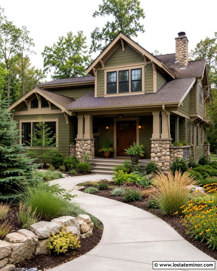 Dark Olive Green Craftsman With Native Grasses - 30 Olive Green House Design With Landscaping Ideas