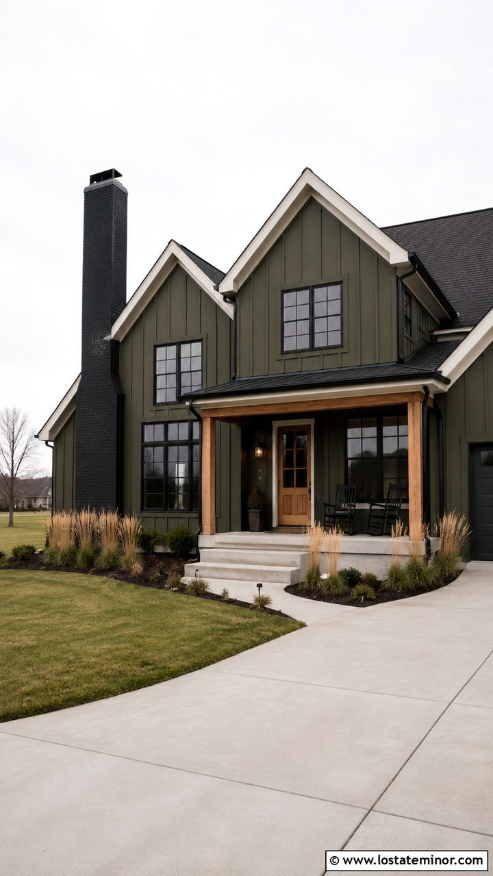 Dark Olive Green Farmhouse With Black Brick Chimney - 30 Olive Green House Design With Chimney Ideas