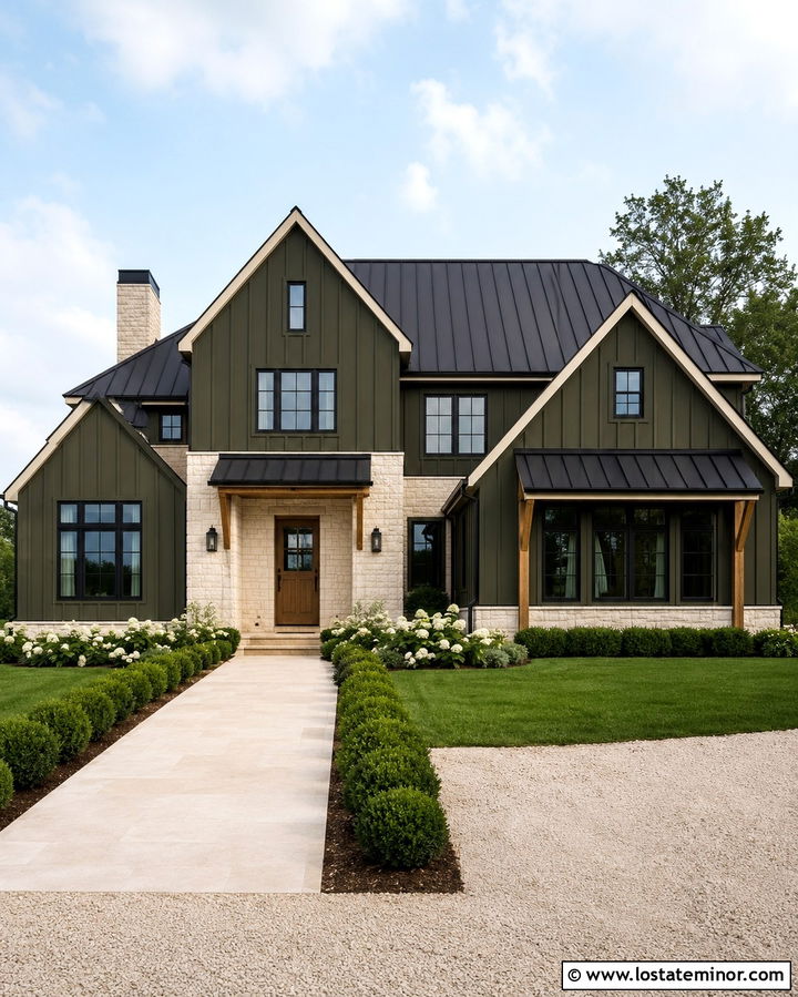 Dark Olive Green Farmhouse With Limestone - 30 Olive Green House Design With Stone Accents Ideas