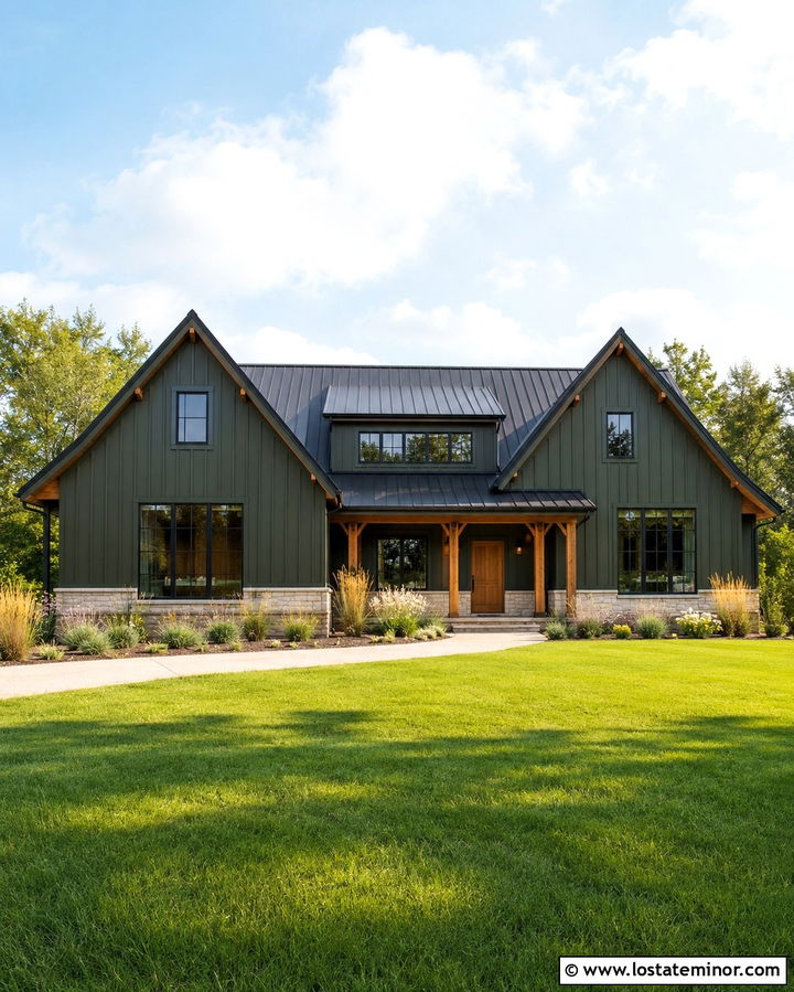 Dark Olive Green Gables With Black Windows - 30 Olive Green House Design With Gables Ideas