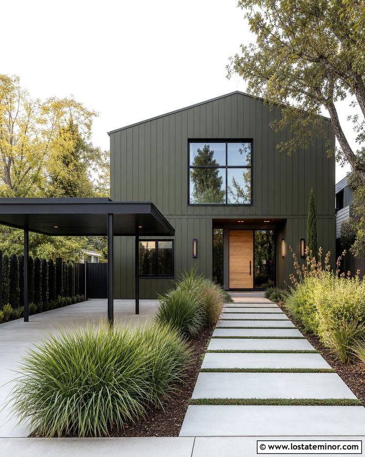 Dark Olive Green House With Black Carport - 30 Olive Green House Design With Carport Ideas