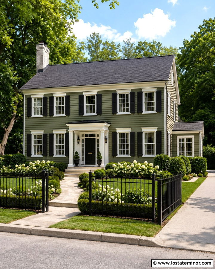 Dark Olive Green House With Black Fence - 30 Olive Green House Design With Fence Ideas