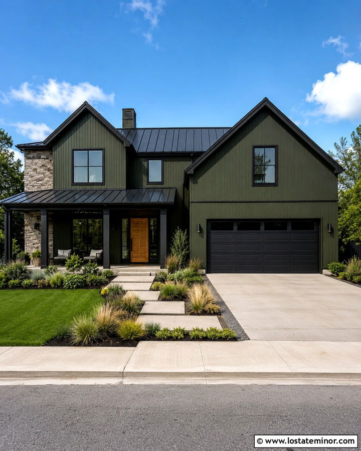 Dark Olive Green House With Black Porch Columns - 30 Olive Green House Design With Porch Columns Ideas