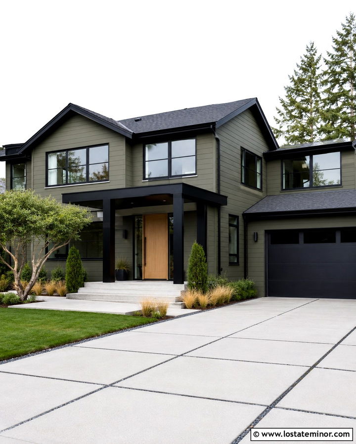 Dark Olive Green House With Black Portico - 30 Olive Green House Design With Portico Ideas