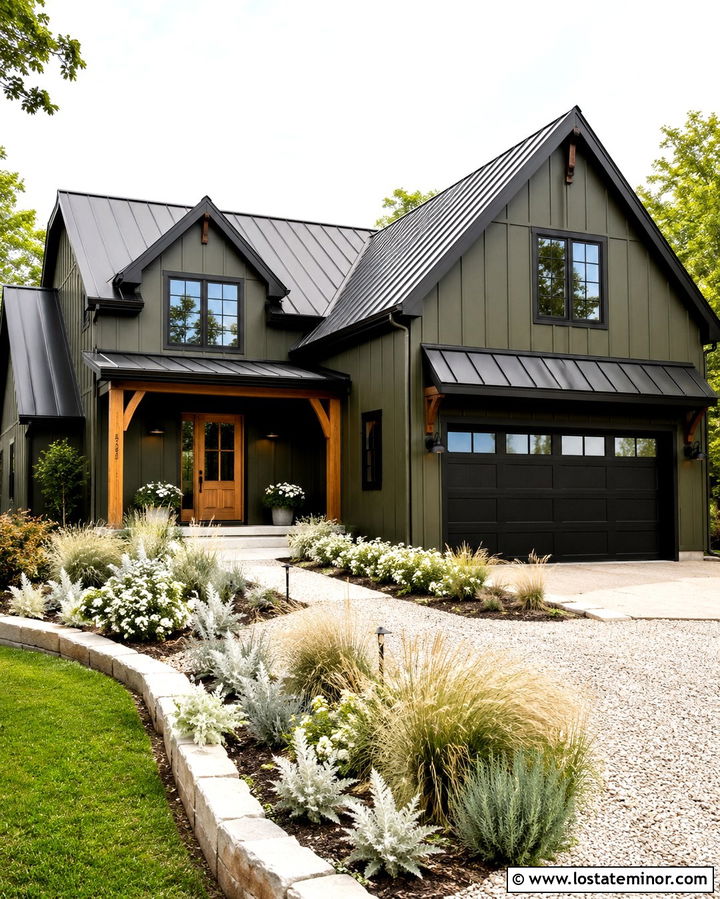 Dark Olive Green House With Black Trim - 30 Olive Green House Design With Front Yard Ideas