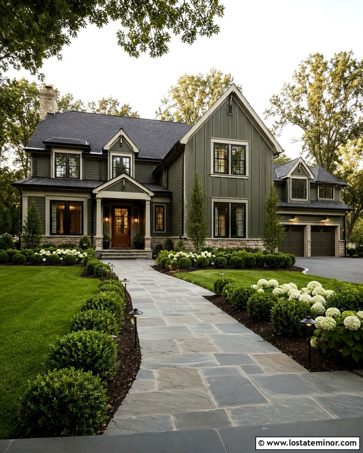 Dark Olive Green House With Bluestone Walkway - 30 Olive Green House Design With Walkway Ideas