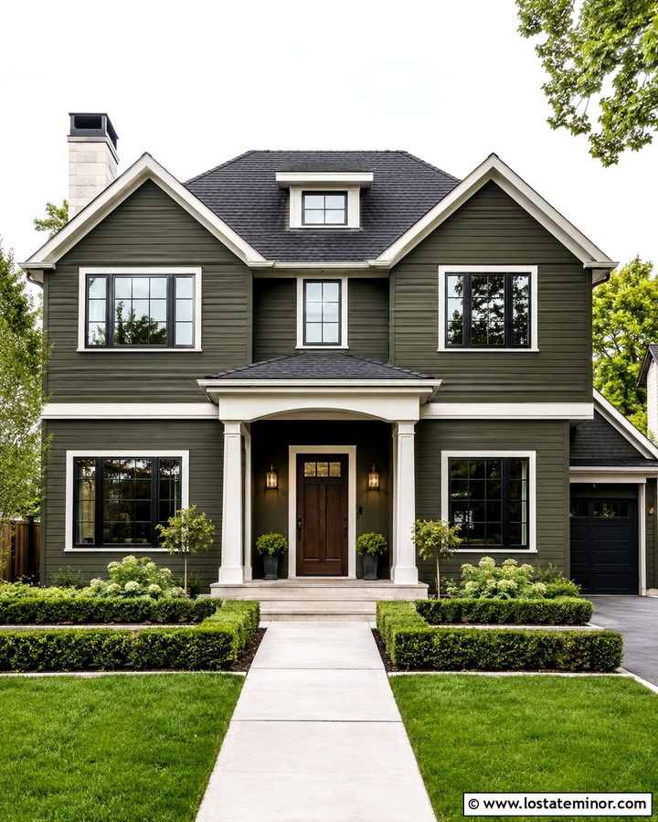 Dark Olive Green House With Brass Lighting - 30 Olive Green House Design With Lighting Ideas