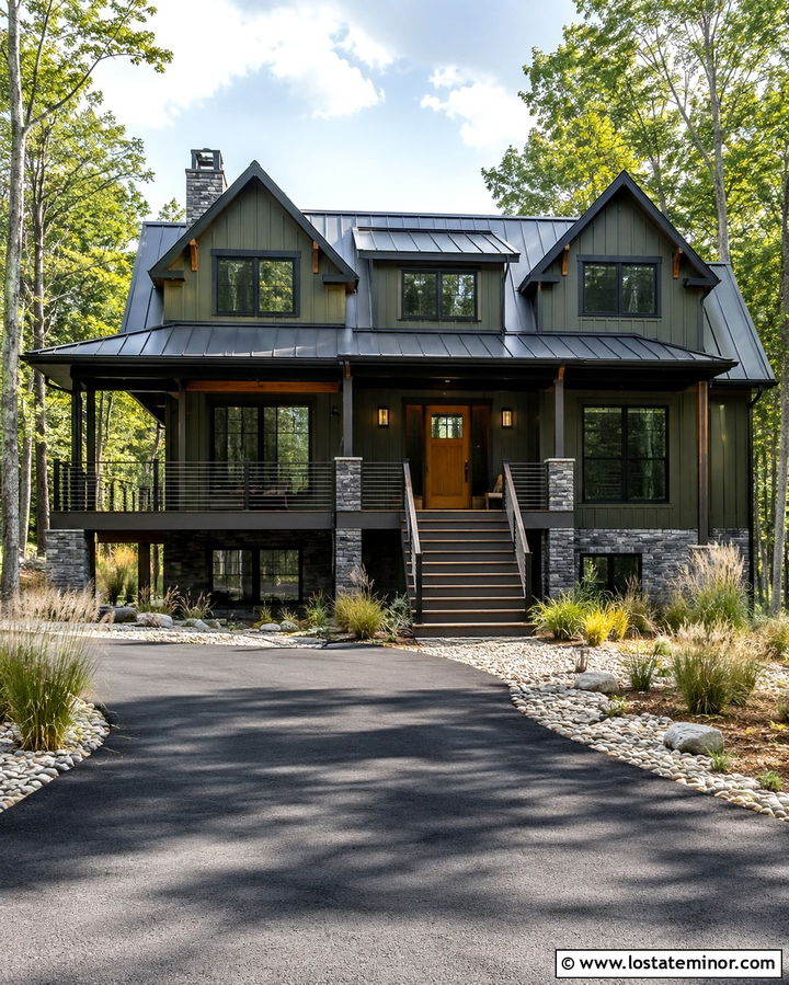 Dark Olive Green House With Cable Railings - 30 Olive Green House Design With Railings Ideas