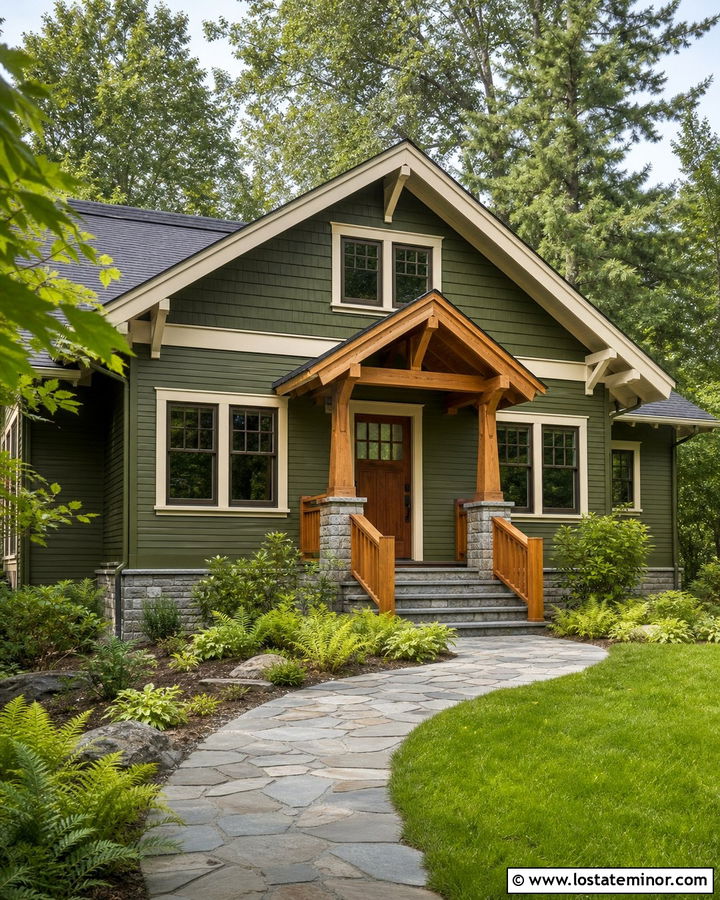 Dark Olive Green House With Cedar Awning - 30 Olive Green House Design With Awning Ideas