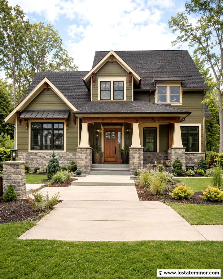 Dark Olive Green House With Charcoal Shingles - 30 Olive Green House Design With Shingles Ideas