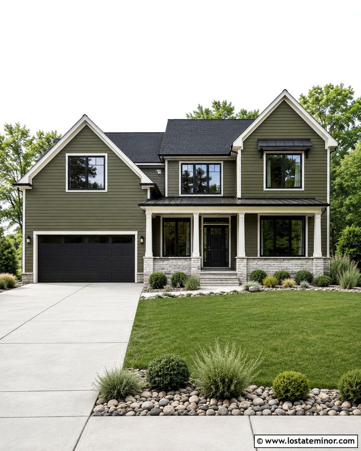 Dark Olive Green House With Concrete Driveway - 30 Olive Green House Design With Driveway Ideas