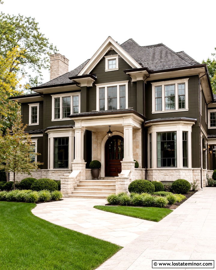 Dark Olive Green House With Limestone Steps - 30 Olive Green House Design With Steps Ideas