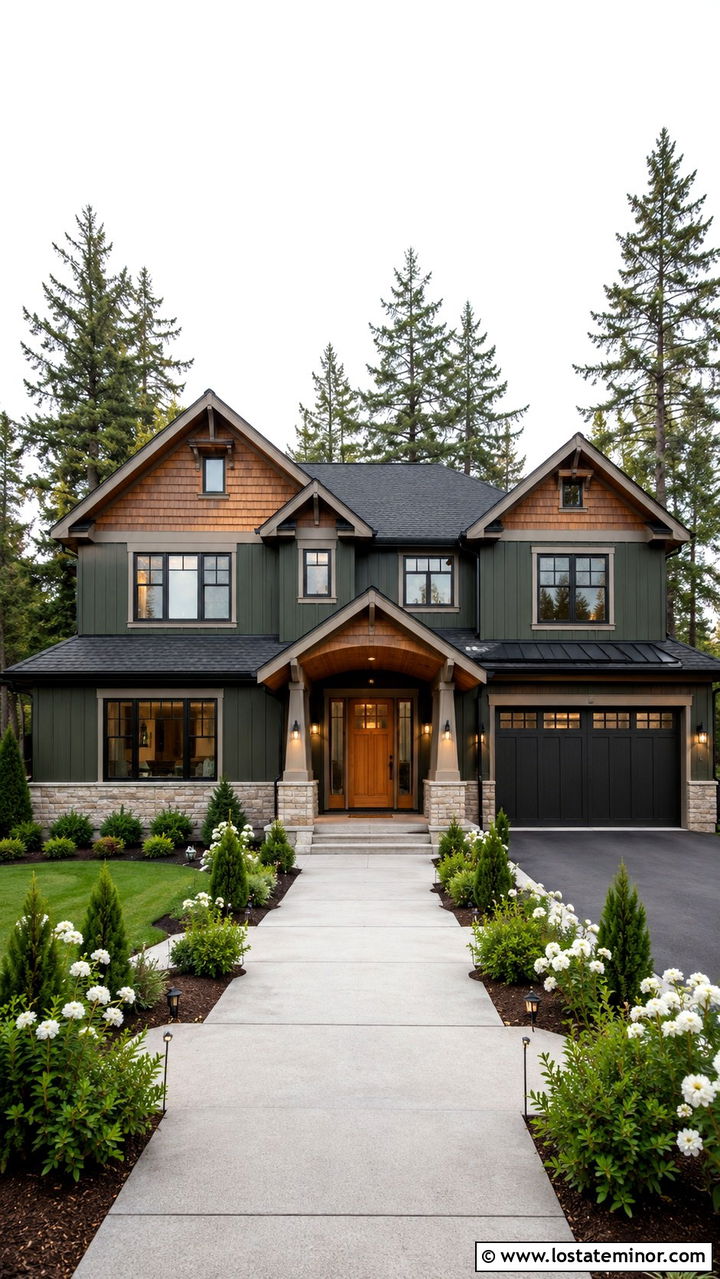 Dark Olive Green House With Natural Cedar Shake - 30 Olive Green House Design With Cedar Shake Ideas