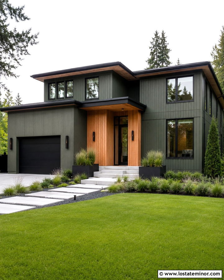 Dark Olive Green Modern House With Black Sconces - 30 Olive Green House Design With Light Fixtures Ideas