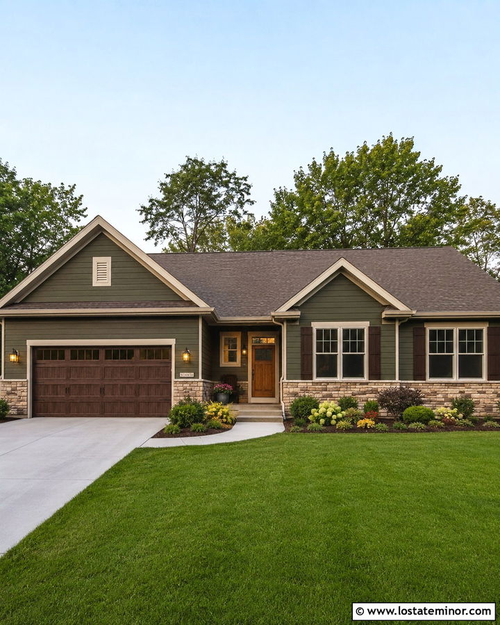 Dark Olive Green Ranch With Brown Shutters - 30 Olive Green House Design With Shutters Ideas