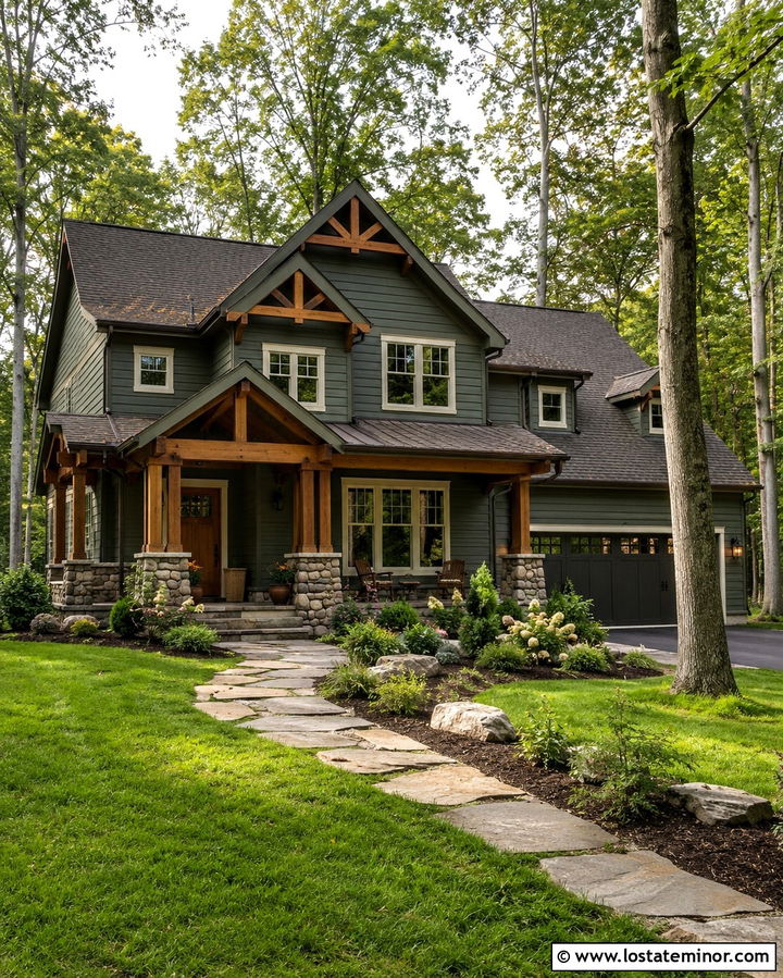 Dark Olive Green Siding With Natural Wood Accents - 30 Olive Green House Design With Siding Ideas